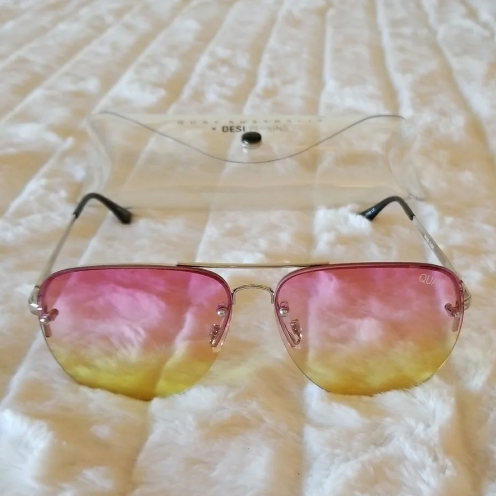 QUAY // ltd ed muse pink yellow fade rimless aviator sunglasses rare